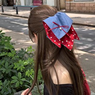 复古红波点牛仔发饰气质少女蝴蝶结发圈头绳手作大肠圈头饰发饰品