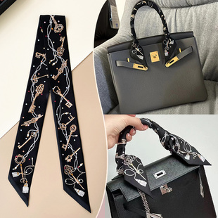 H圆点黑色钥匙twill小丝巾100%真丝绑包包丝巾桑蚕丝缠包手柄丝带