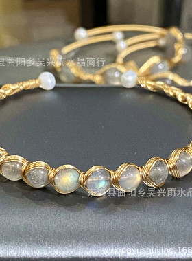 14k包金绕线手镯 白珍珠彩碧玺天然拉长石月光石红玛瑙手链手镯