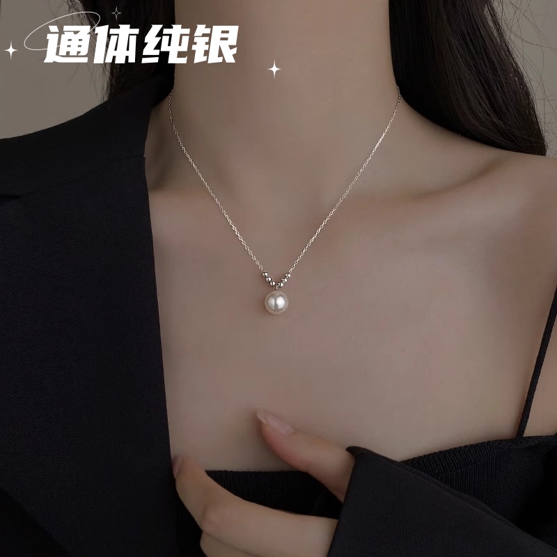 S925纯银锁骨链女珍珠项链高级感