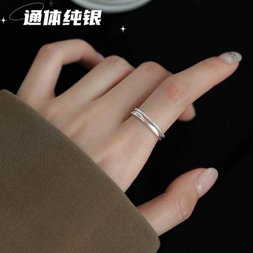 S925纯银双层麻花戒指女食指戒