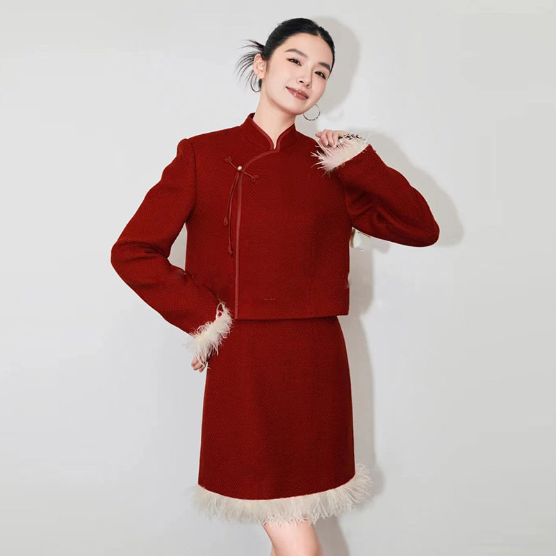 新中式毛呢红色套装女2024秋冬新款国风盘扣气质上衣短裙两件套