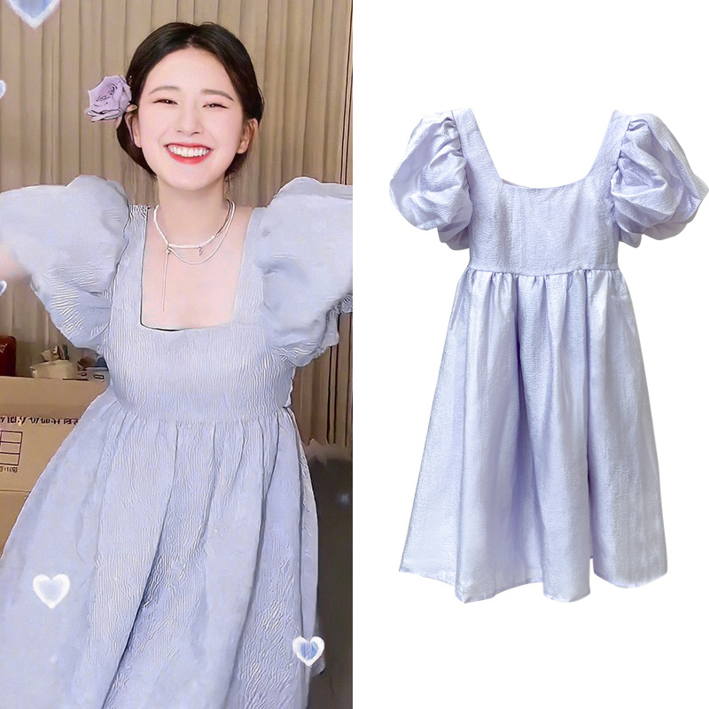 [现货]2024夏季赵露思同款紫色连衣裙甜美泡泡袖方领高腰公主裙