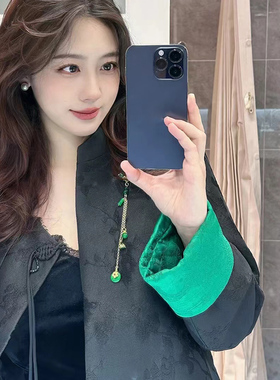 新中式改良唐装黑色宋锦外套秋季新款小香风复古盘扣提花国风上衣