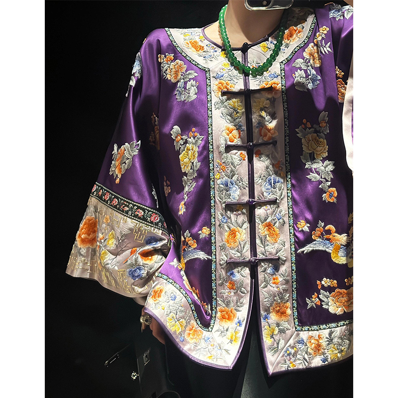 新中式重工刺绣紫色醋酸外套女2025春季新款今年流行茶服国风上衣