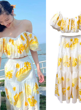 钟楚曦MC套装度假风刺绣一字肩短款上衣花卉半身裙两件套2024夏季