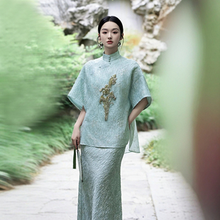 新款 女夏季 高级感超好看绿色两件套 国风复古重工刺绣套装 新中式