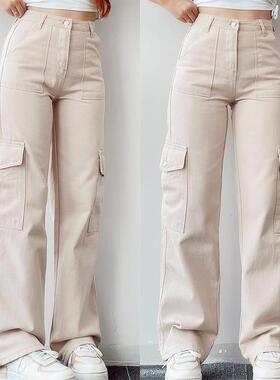 Straight Leg Cargo Pants Women HighWaist Baggy Trousers Lady