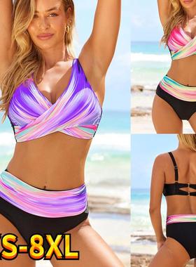 Women Sexy High Waist Rainbow Print Bikini Set Female Plus
