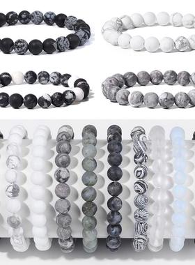 8mm Black White Natural Stone Bracelet Handmade Matte Opal