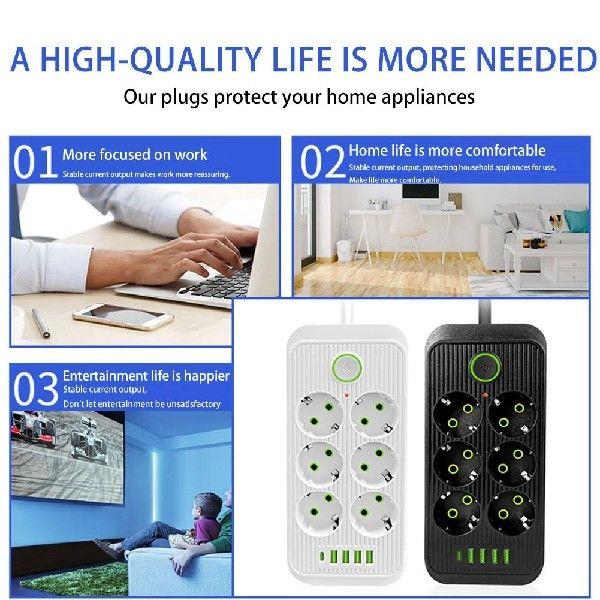 EU Plug Multi Tap Socket 6AC Outlets Power Strip 2500W