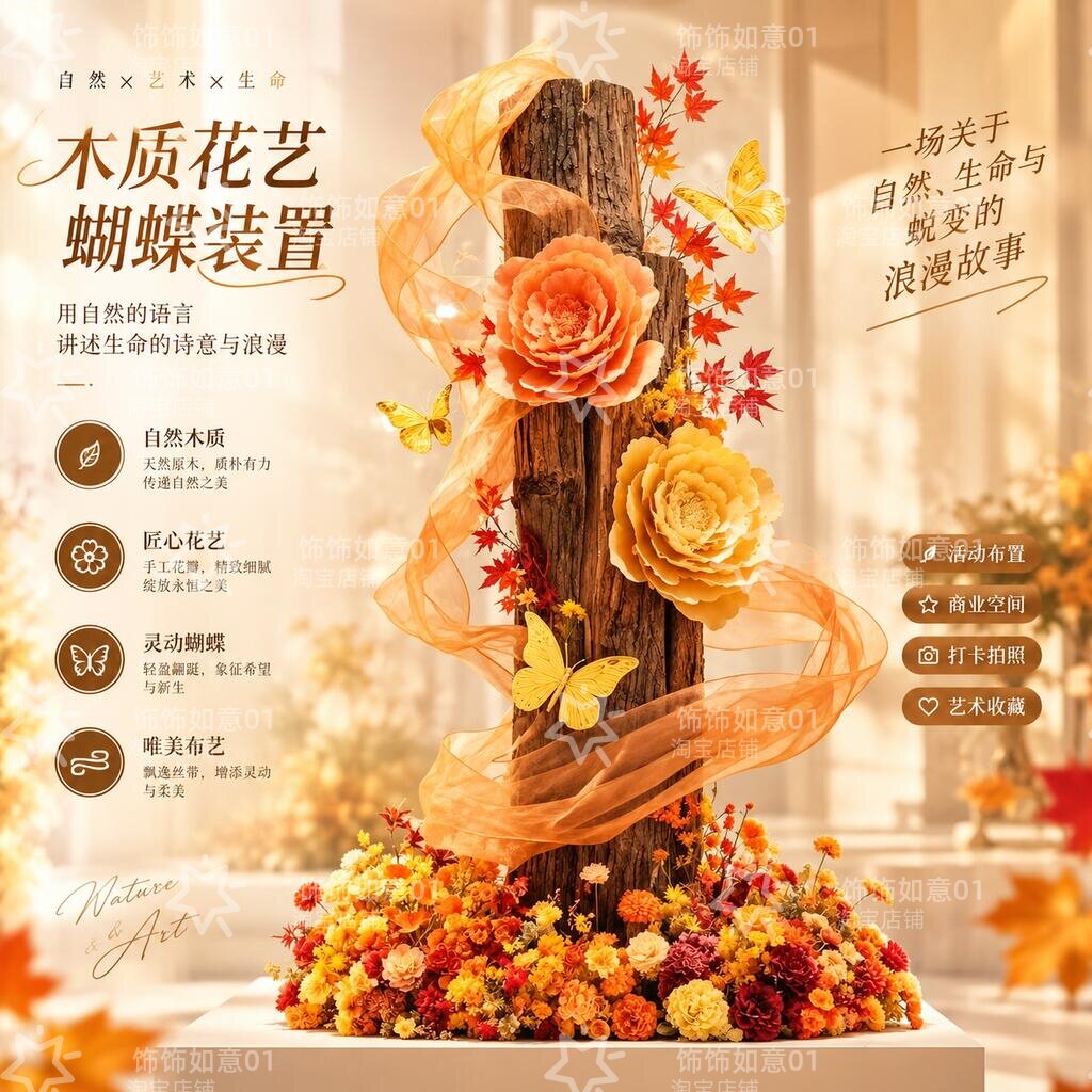 秋季店铺橱窗美陈柱子装饰花艺图片