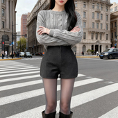 女秋冬新款 韩版 高腰包臀辣妹百搭外穿靴裤 灰色毛呢短裤 打底三分裤