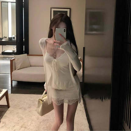 纯欲气质套装女夏白色修身辣妹吊带上衣小个子短款防晒开衫两件套
