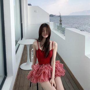 甜辣妹红色格子半身裙女夏季高腰设计感蓬蓬蛋糕裙小个子a字短裙