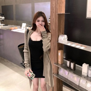 休闲开衫 不规则宽松纯色中长款 上衣 针织外套女秋季 慵懒风复古长袖