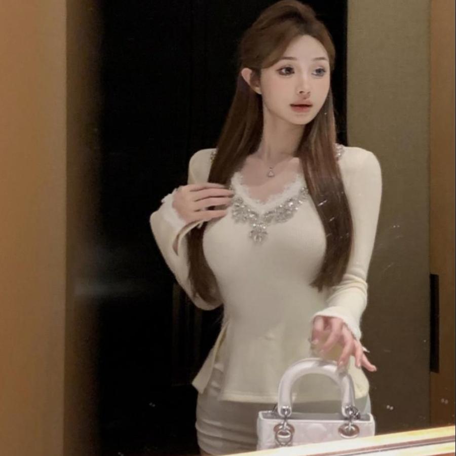 纯欲镶钻v领长袖针织衫秋季性感