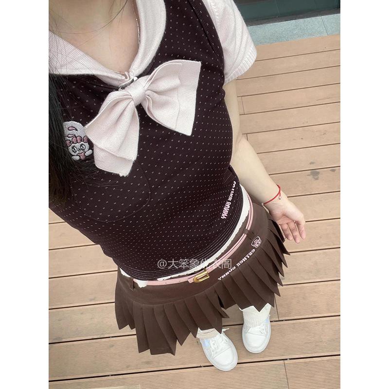 三件套装2024夏季新款学院风娃娃领蝴蝶结针织短袖上衣马甲百褶裙