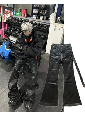 暗黑RO风格23ss小众暗黑刷蜡涂层高弹飘带牛仔裤阔腿微喇叭裤潮男