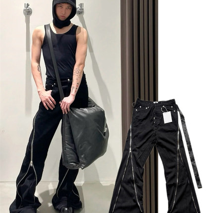 RO原标五星芒飘带旋转大拉链拖地喇叭牛仔裤王嘉尔同款男女潮长裤