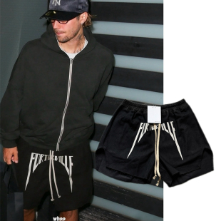 比伯街拍同款 宽松刺绣字母logo开叉毛边拳击男短裤 24wf秀款 RO风格