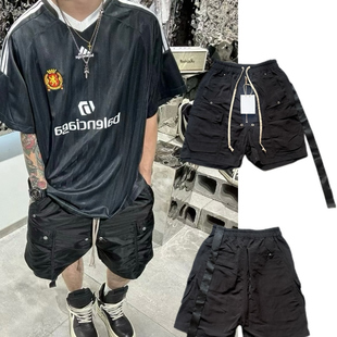 夏季 黑色休闲短裤 尼龙飘带抽绳松紧腰工装 男女款 口袋五分裤 RO风格