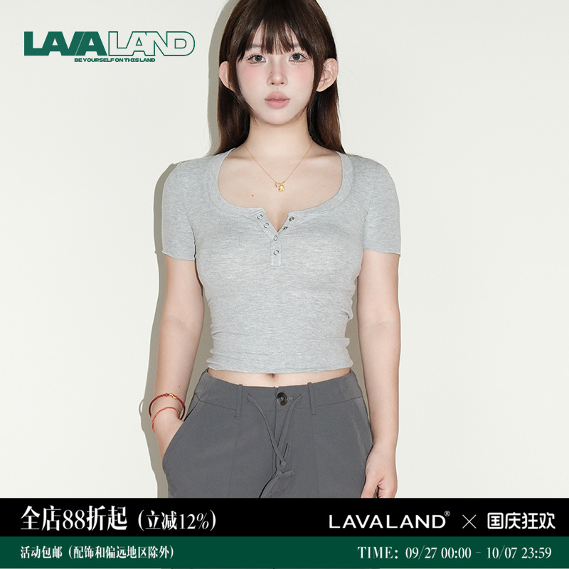 【显身材神器】LAVALAND大领口纽扣正肩T恤短袖夏季显身材修身短t