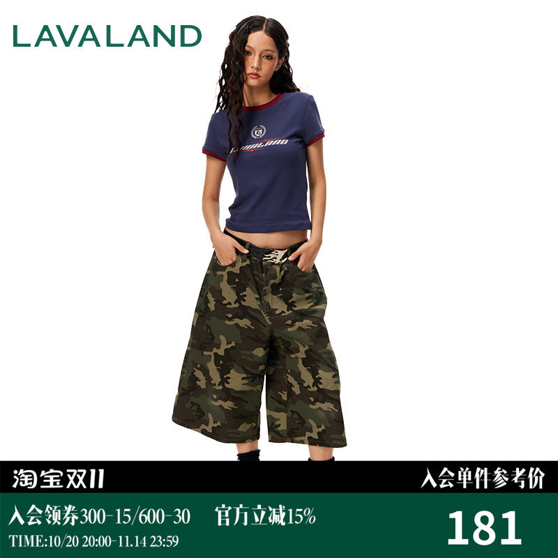 【阔腿短裤】LAVALAND 美式复古街头迷彩中腰七分裤情侣牛仔中裤