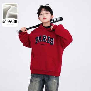 韩版男童冬季新款红色过年连帽加绒加厚卫衣保暖中大童本命年上衣