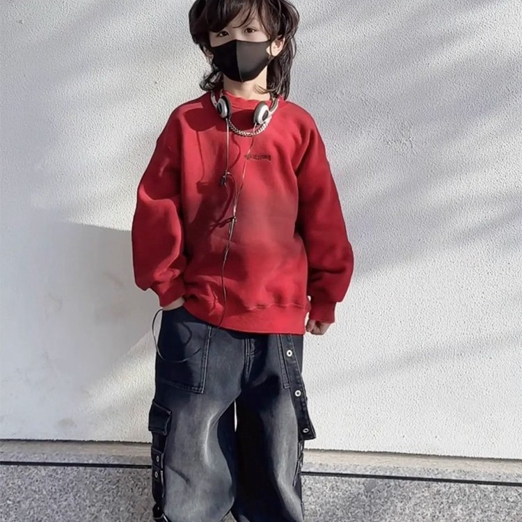 韩版男童冬季加绒加厚红色卫衣