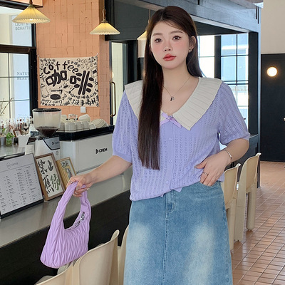 胖mm大码女装设计感娃娃领上衣2025夏款显瘦短袖t恤女针织衫