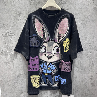 短袖 YBDW秋款 大版 新品 欧货重工贴布珠片绣小兔趣味减龄甜美中长款