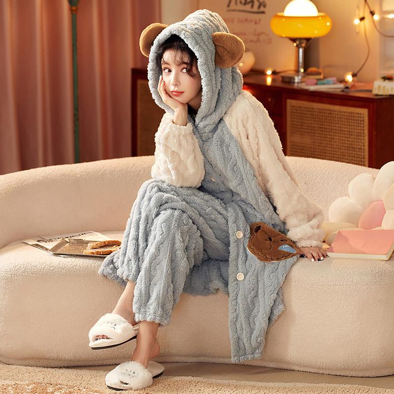 睡衣女秋冬季珊瑚绒加绒加厚睡袍2025新款冬天可爱甜美家居服套装