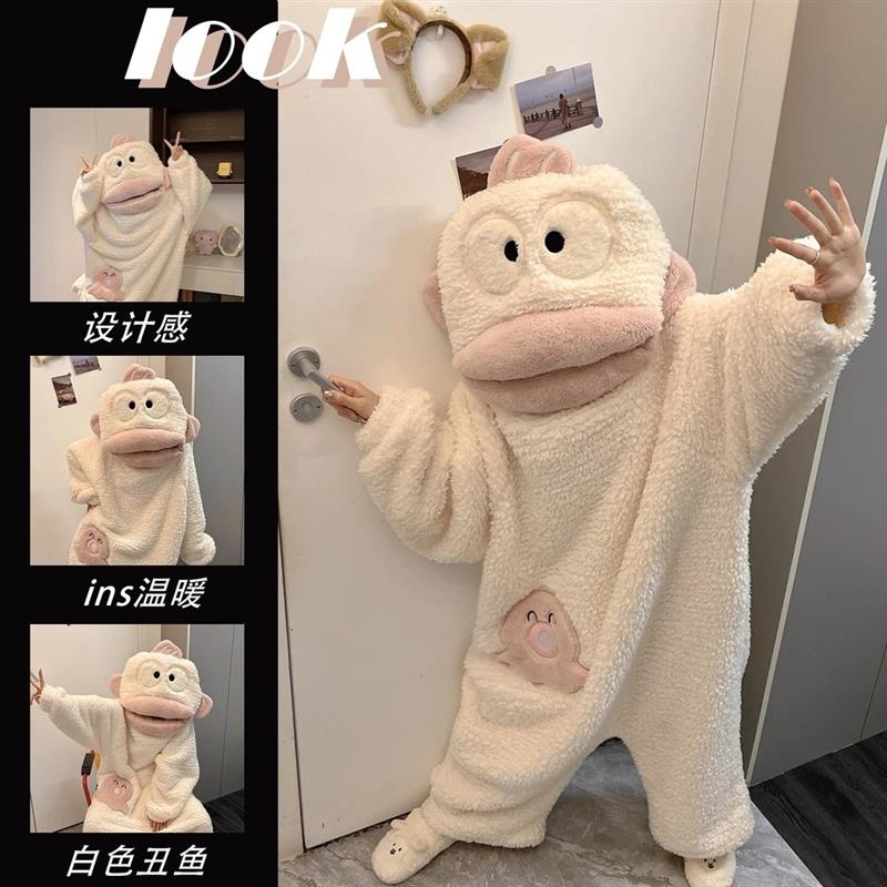 连体睡衣女秋冬季珊瑚绒加绒加厚保暖可外穿可爱搞怪大嘴丑鱼睡袍