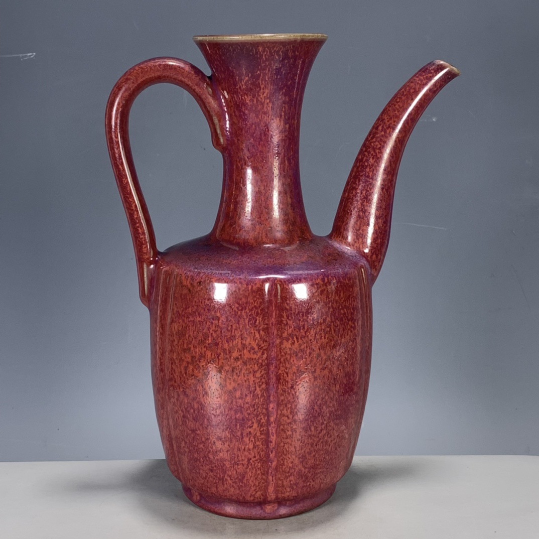 古玩瓷器收藏 宋钧瓷红釉政和描金刻字执壶摆件