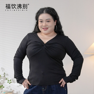 福饮沸别【黑系心机】大码胖mm冬季新款日常V领扭结打底衫YK25164