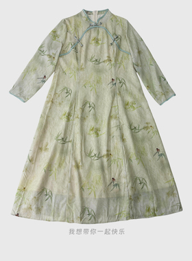 【福饮沸别】大码胖mm显瘦竹叶印花绿色收腰古法改良旗袍51648