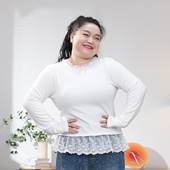 福饮沸别 胖mm蕾丝花边圆领打底上衣2579 大码 杏仁初雪 秋季