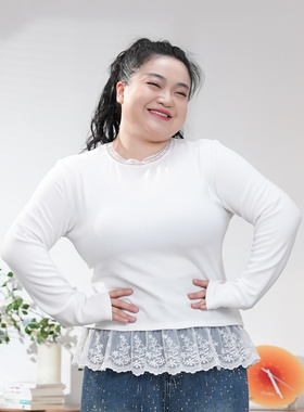 福饮沸别【杏仁初雪】秋季大码胖mm蕾丝花边圆领打底上衣2579