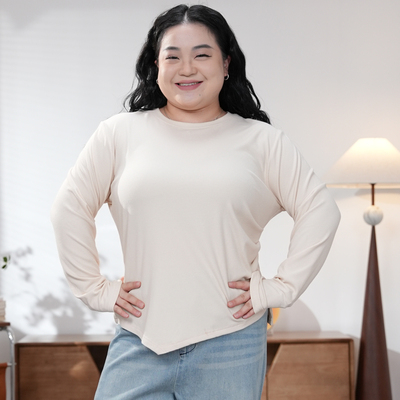 福饮沸别【圆裁束影】大码胖mm圆领不规则下摆收腰打底衫YK25086