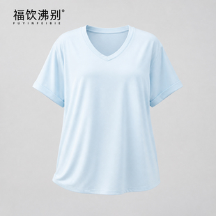 福饮沸别【简约V领】大码胖mm夏季显瘦简约袖口翻边V领T恤-2129