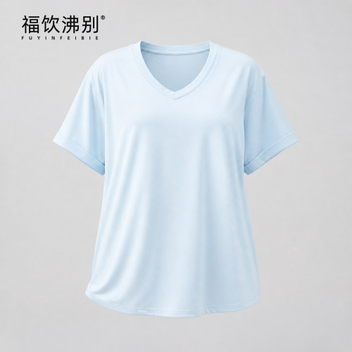 福饮沸别【简约V领】大码胖mm夏季显瘦简约袖口翻边V领T恤-2129