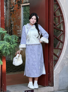 【福饮沸别】胖MM秋冬新款新中式加绒显瘦旗袍连衣裙套装52057