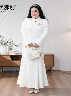 【福饮沸别】秋冬大码胖mm温柔仙气收腰鱼尾新中式旗袍长裙52017