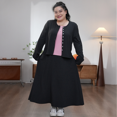 福饮沸别【慵懒周末】秋冬大码胖mm深灰色假两件上衣半裙套装2575