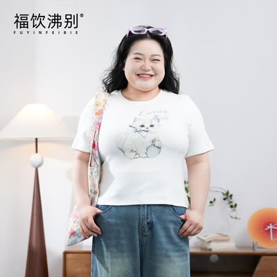 福饮沸别【可爱小猫】大码胖mm显瘦小猫飞飞袖T恤-2445