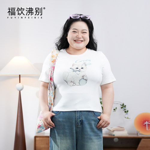 福饮沸别【可爱小猫】大码胖mm显瘦小猫飞飞袖T恤-2445