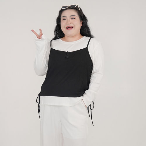 福饮沸别【巧克力奶芙】大码气质百搭两侧抽绳吊带假两件女2053