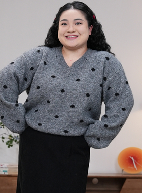 福饮沸别【甜心啵啵】大码胖MM冬季桃心领波点毛衣BYF25132