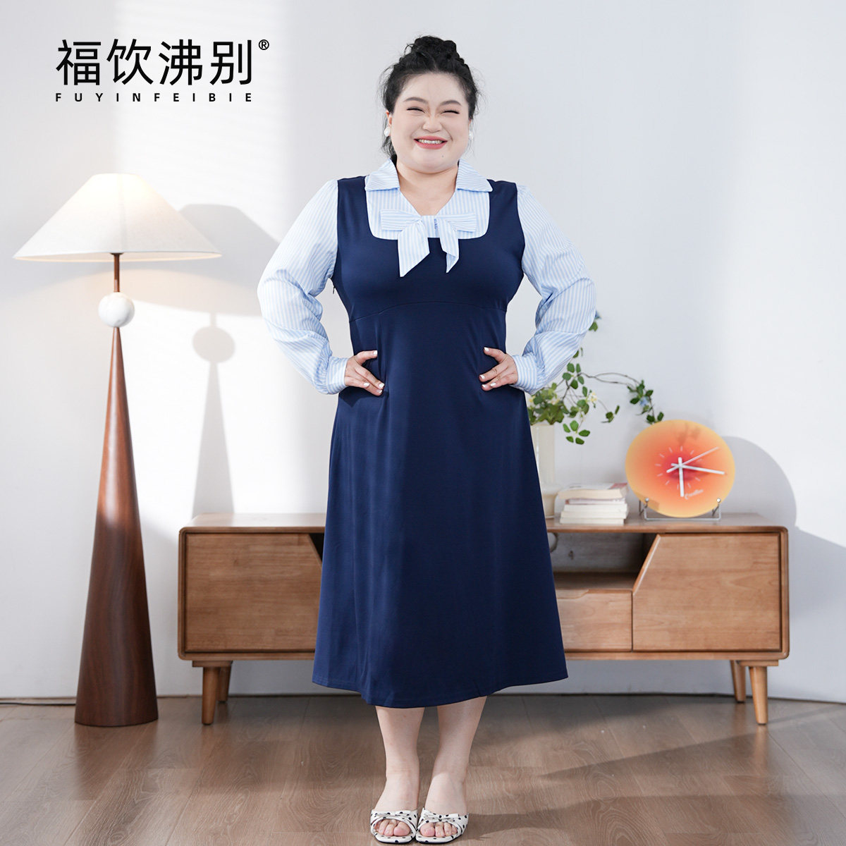 福饮沸别【漫漫蓝屿】大码胖mm休闲百搭显瘦假两件连衣裙2468